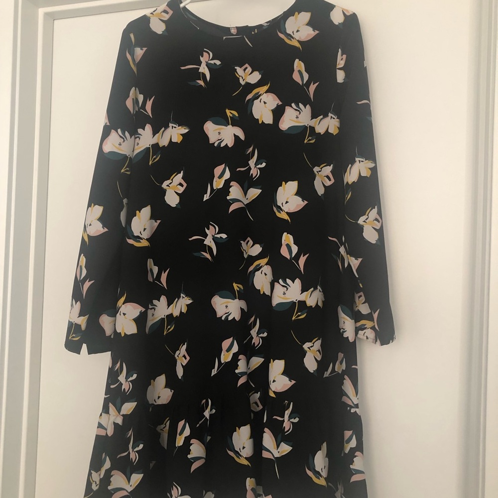 Black long sleeve mini dress with multi colored floral designs from Halogen